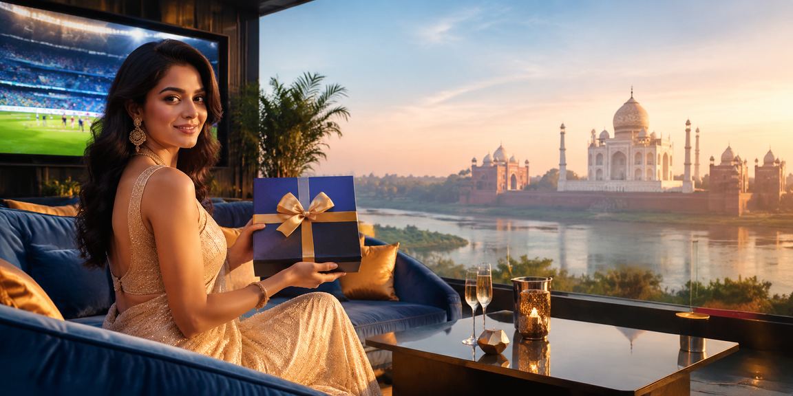 Saree-clad woman betting on cricket near Taj Mahal scene